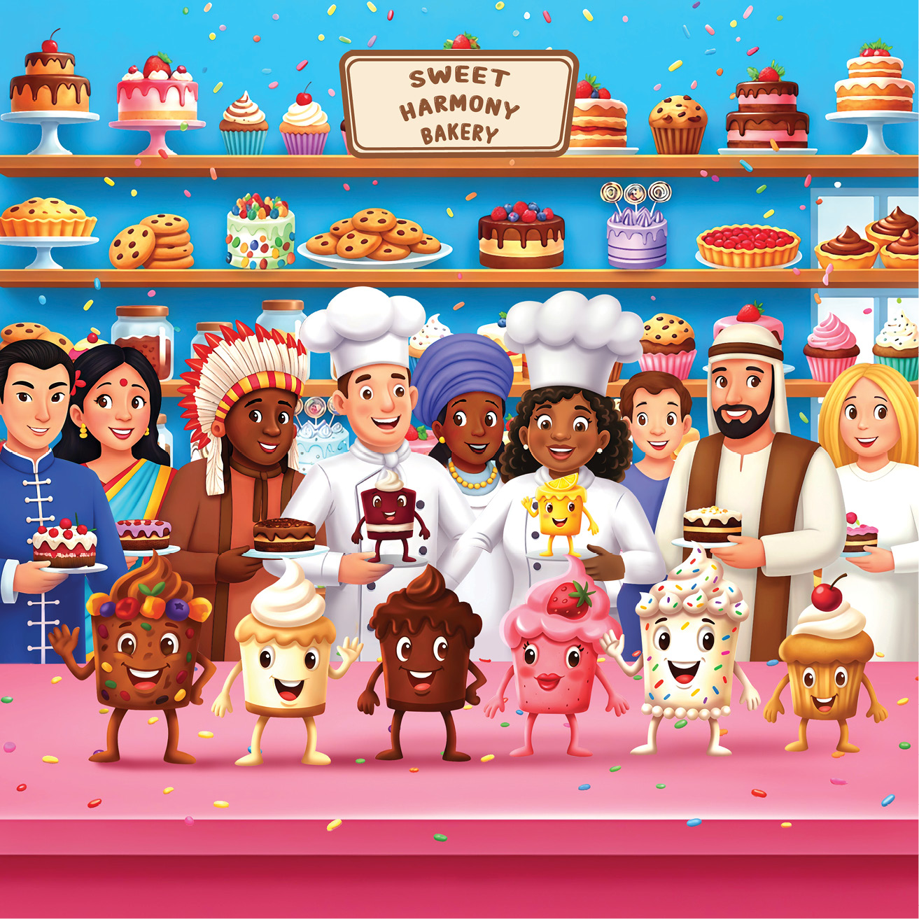 Inside Sweet Harmony Bakery with all the cake characters