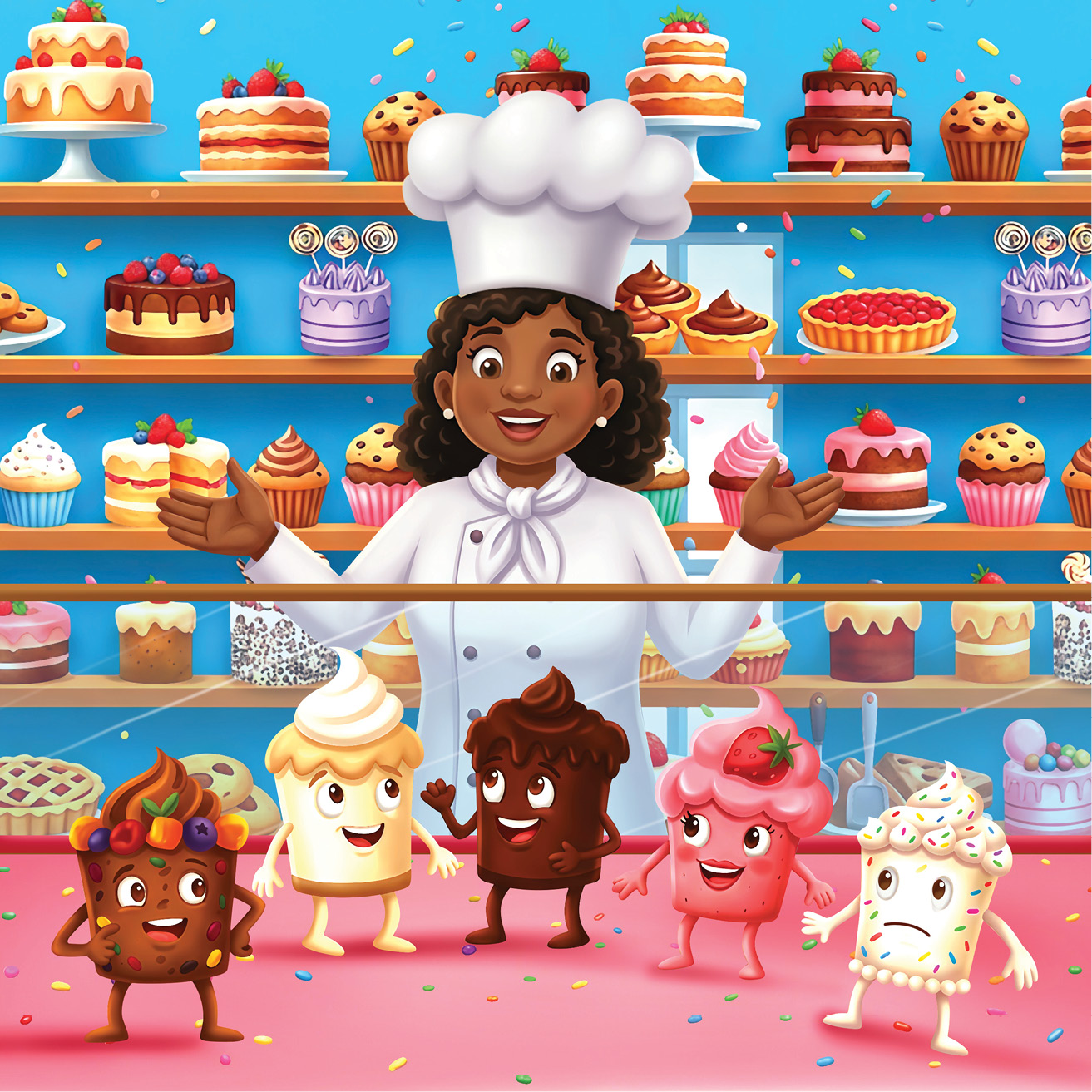 The Cake Maker with all the cakes at Sweet Harmony Bakery